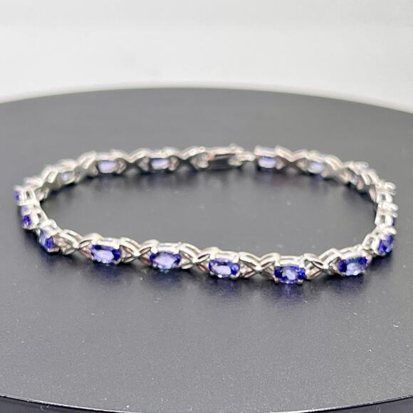 Sterling Silver Rhodium Plated Oval Purple XO Tanzanite Tennis Bracelet  7” - Picture 1 of 10